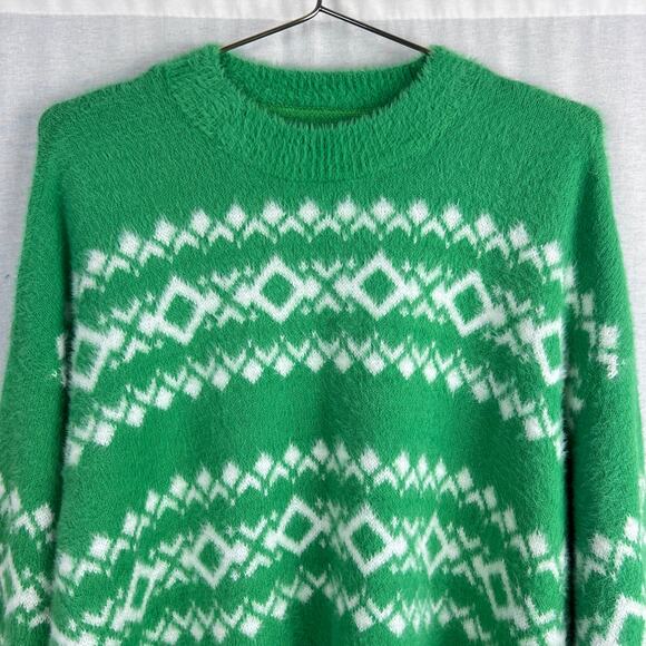 Aerie Sweater Flurry Oversized Fair Isle Green Eyelash Holiday Winter Christmas - Picture 2 of 6
